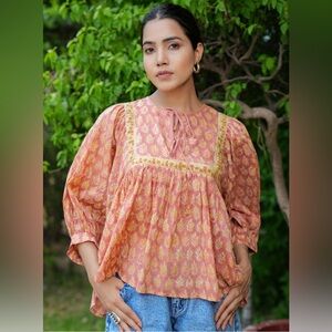 New Hand Block Printed Cotton Blouse Valentina Orange L